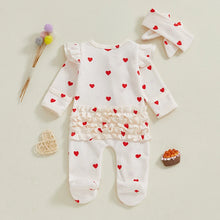 Load image into Gallery viewer, Tregren Newborn Baby Girl Valentine's Day Jumpsuit Ruffles Love Heart Zip Up Footied Pajamas with Bow Headband Infant Outfits