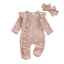 Load image into Gallery viewer, Tregren Newborn Baby Girl Valentine's Day Jumpsuit Ruffles Love Heart Zip Up Footied Pajamas with Bow Headband Infant Outfits