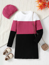 Load image into Gallery viewer, Autumn And Winter Color Blocked Knitted Dress For Girls, Slim Fit Temperament Mid Length Skirt With Hat Included