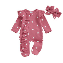 Load image into Gallery viewer, Tregren Newborn Baby Girl Valentine's Day Jumpsuit Ruffles Love Heart Zip Up Footied Pajamas with Bow Headband Infant Outfits