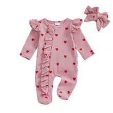 Load image into Gallery viewer, Tregren Newborn Baby Girl Valentine's Day Jumpsuit Ruffles Love Heart Zip Up Footied Pajamas with Bow Headband Infant Outfits