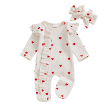 Load image into Gallery viewer, Tregren Newborn Baby Girl Valentine's Day Jumpsuit Ruffles Love Heart Zip Up Footied Pajamas with Bow Headband Infant Outfits