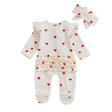 Load image into Gallery viewer, Tregren Newborn Baby Girl Valentine's Day Jumpsuit Ruffles Love Heart Zip Up Footied Pajamas with Bow Headband Infant Outfits