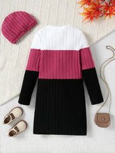 Load image into Gallery viewer, Autumn And Winter Color Blocked Knitted Dress For Girls, Slim Fit Temperament Mid Length Skirt With Hat Included